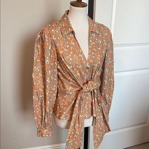 Bailey 44 Orange Puff Sleeve Blouse with Tie Front